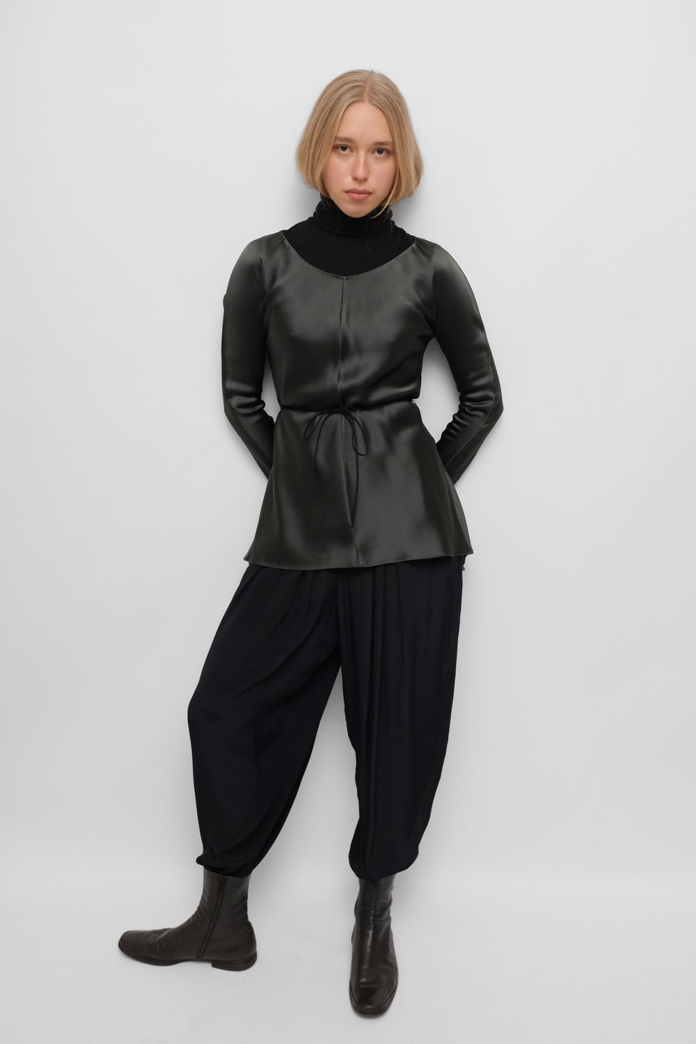 THE ROW GREEN SATIN BLOUSE