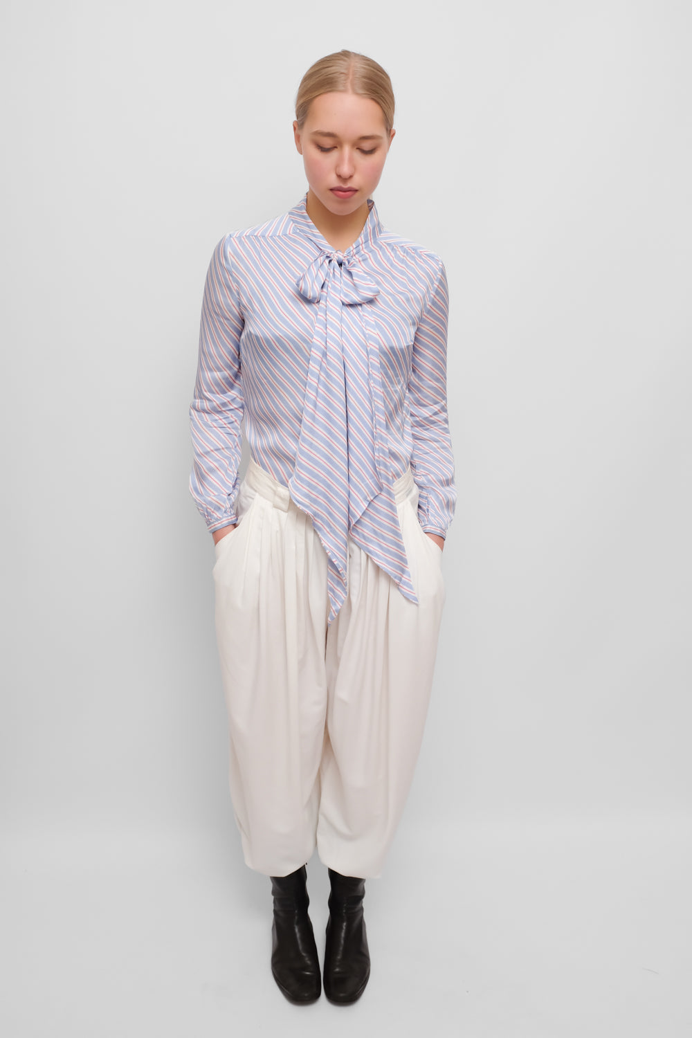 PURE SATIN VISCOSE STRIPED TIE BLOUSE