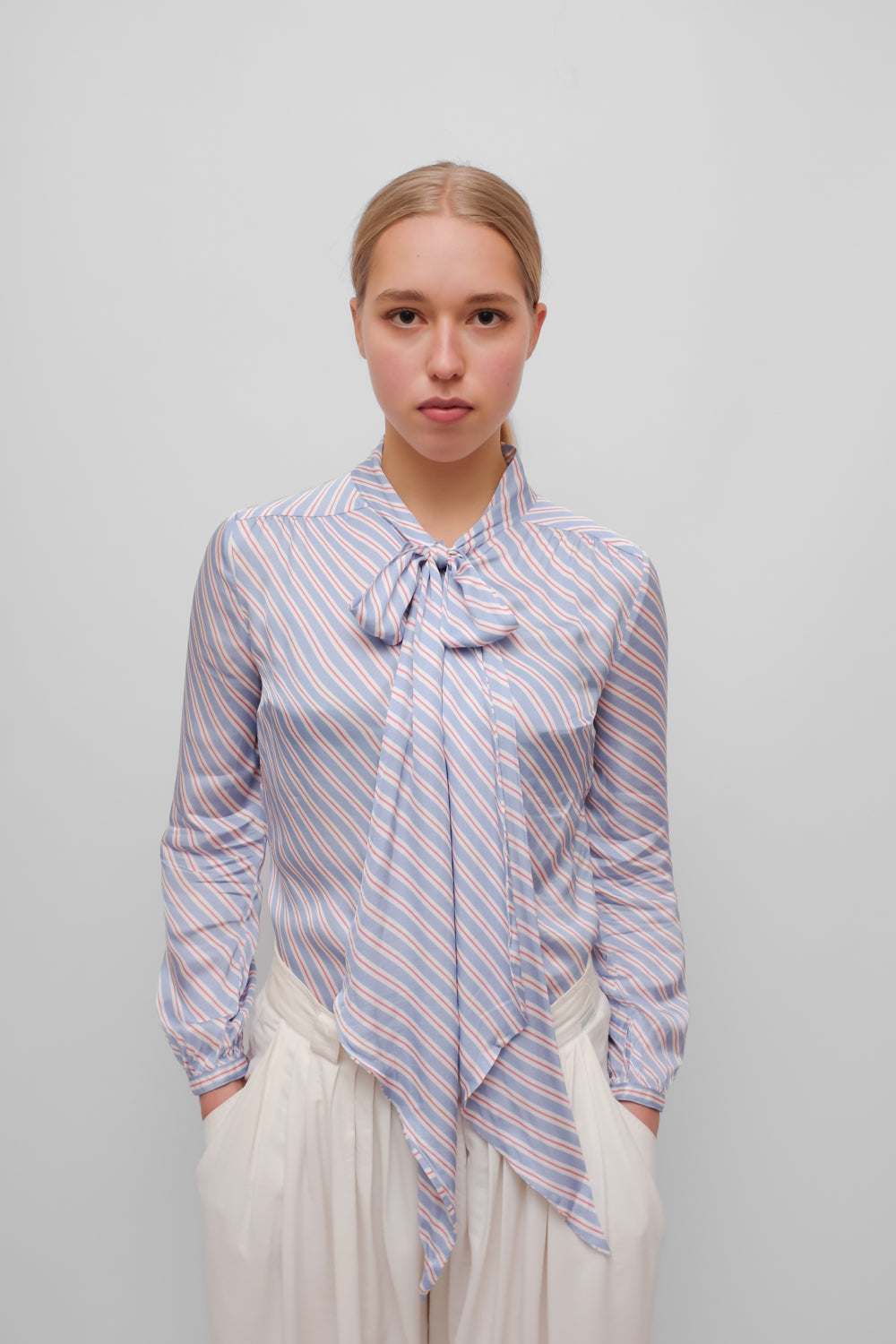 PURE SATIN VISCOSE STRIPED TIE BLOUSE
