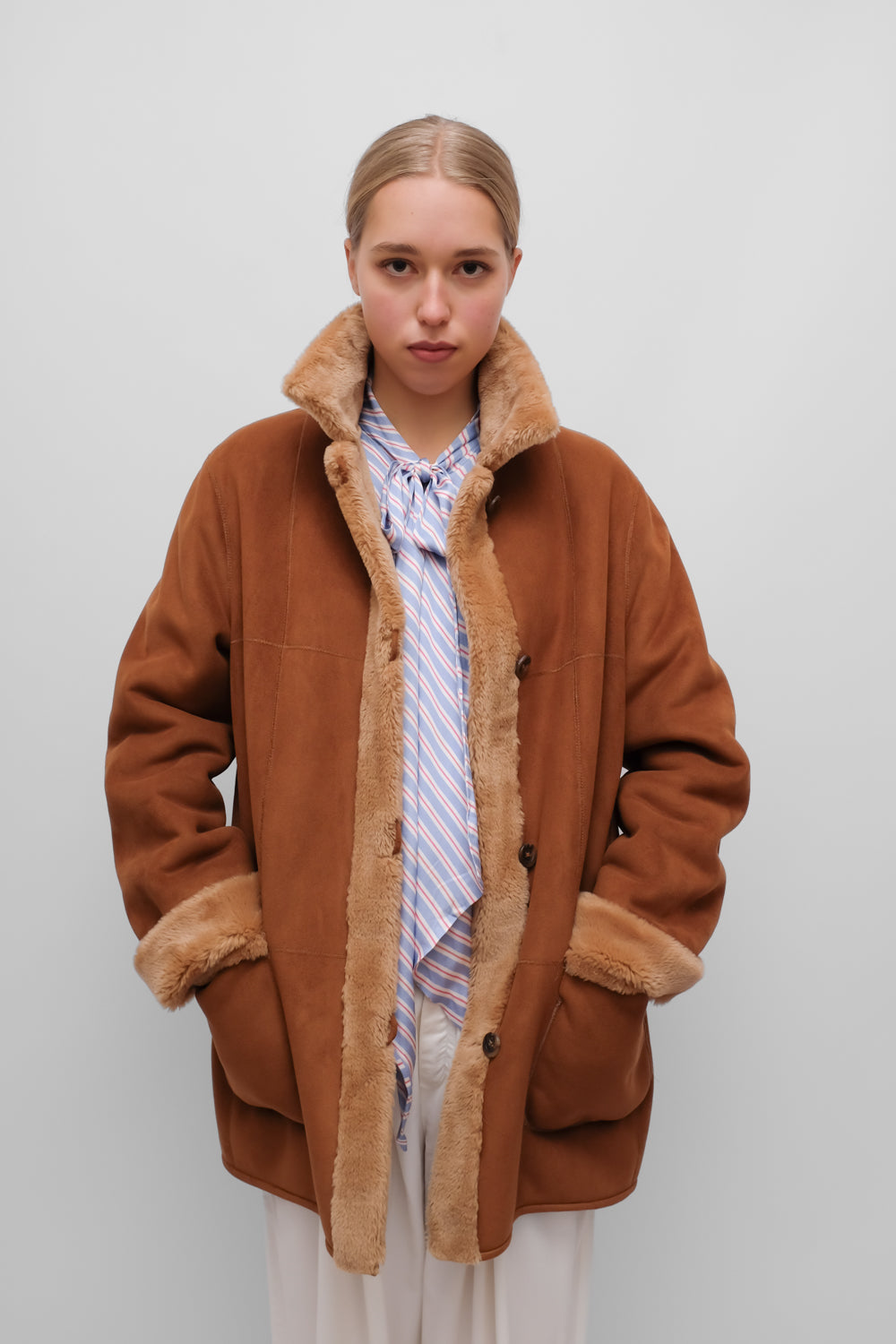 VINTAGE VEGAN SUEDE SHEARLING TEDDY COAT
