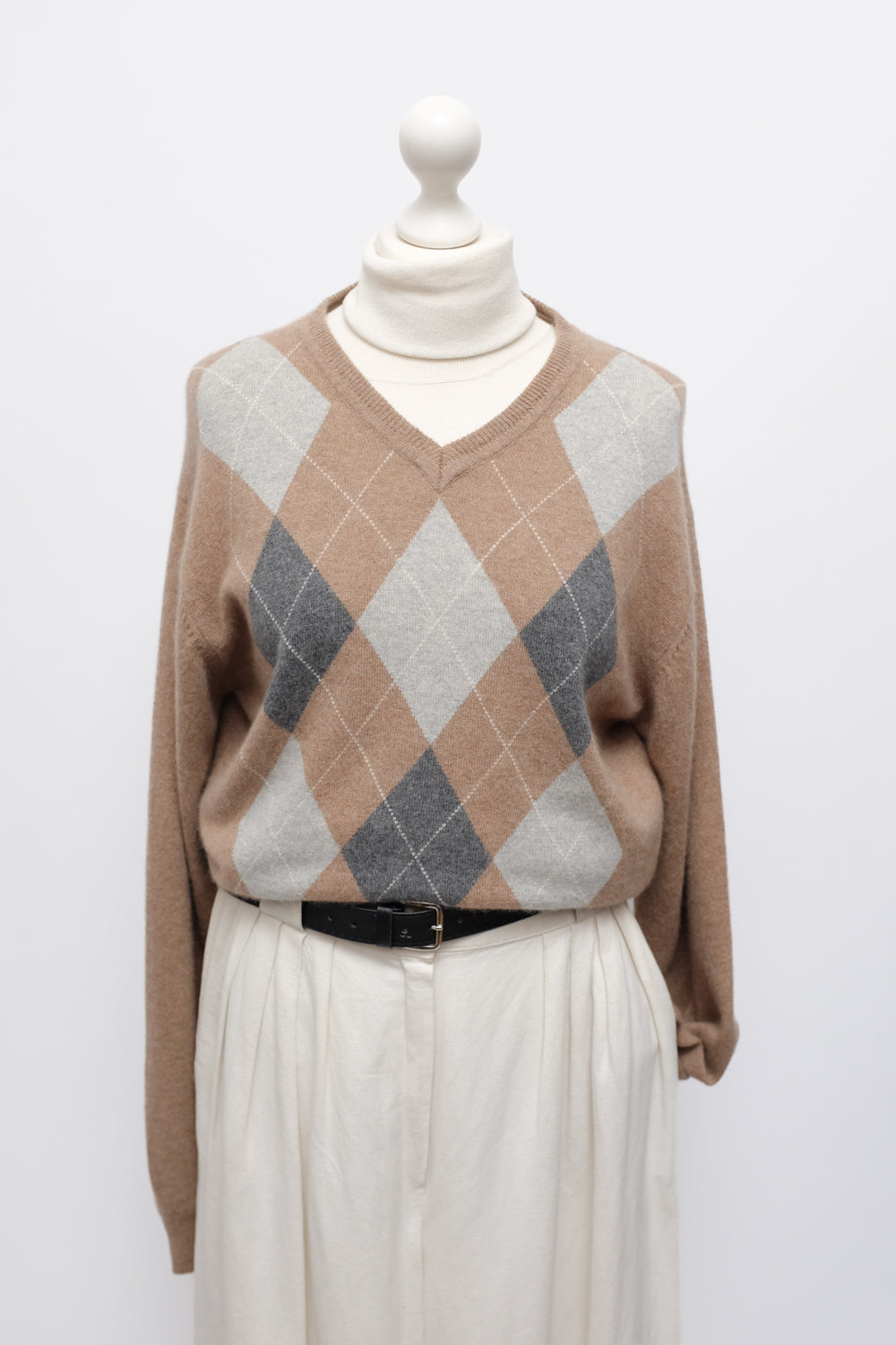 PURE CASHMERE ARGYLE NATURAL COLORS KNIT