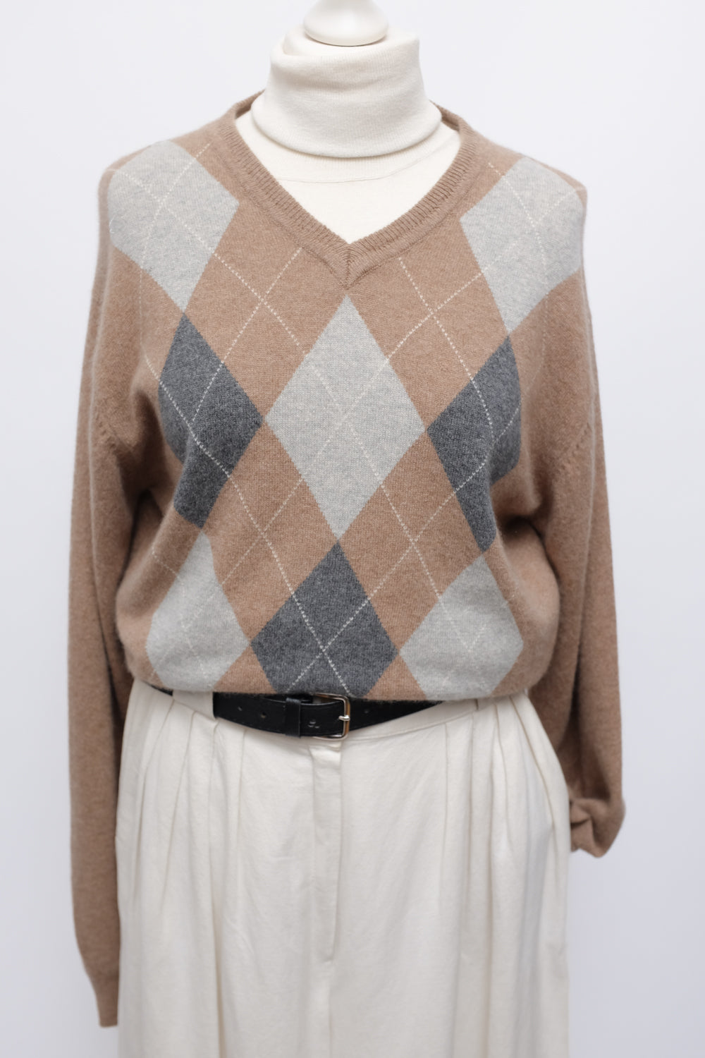 PURE CASHMERE ARGYLE NATURAL COLORS KNIT