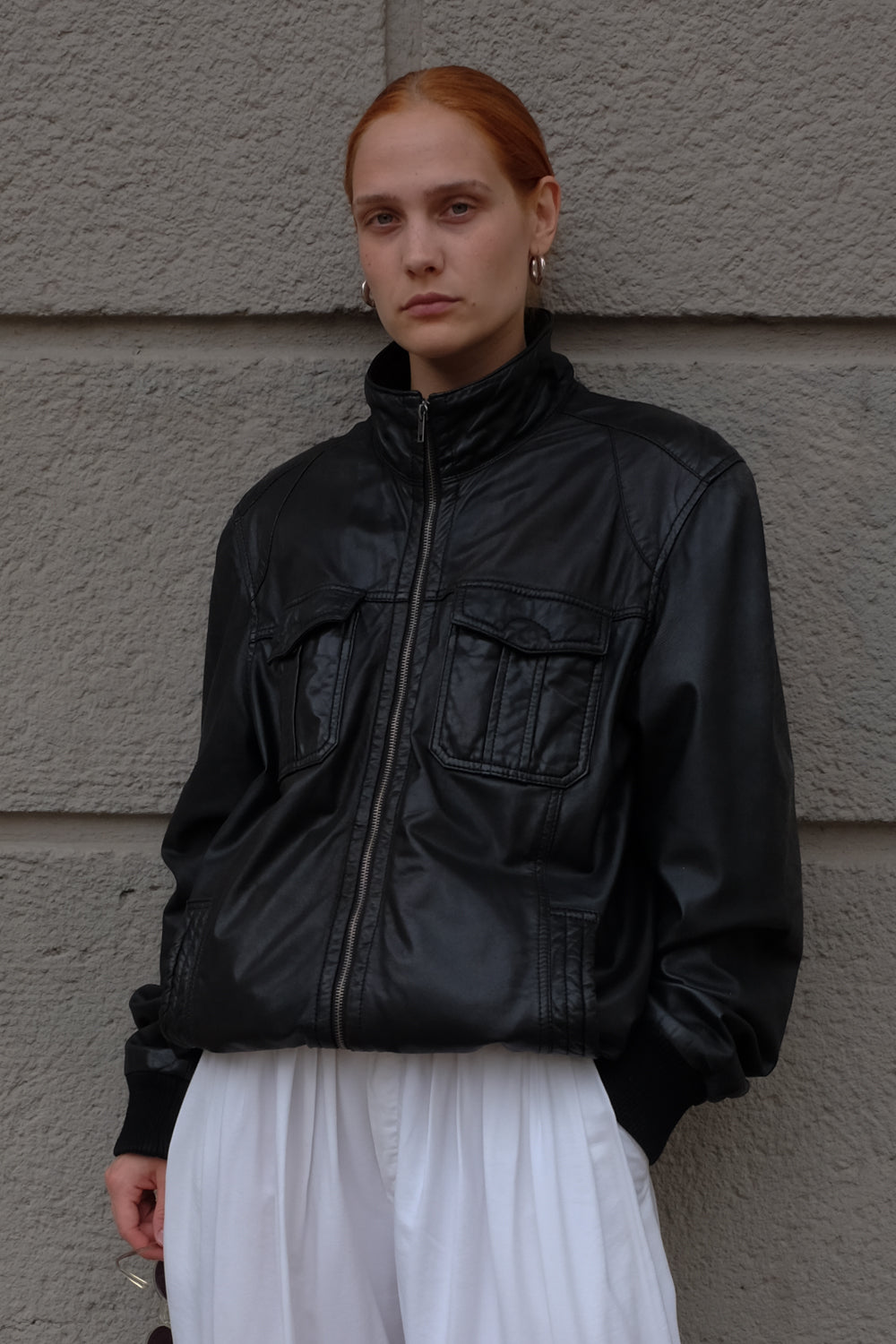 VINTAGE BLACK LEATHER OVERSIZE BOMBER