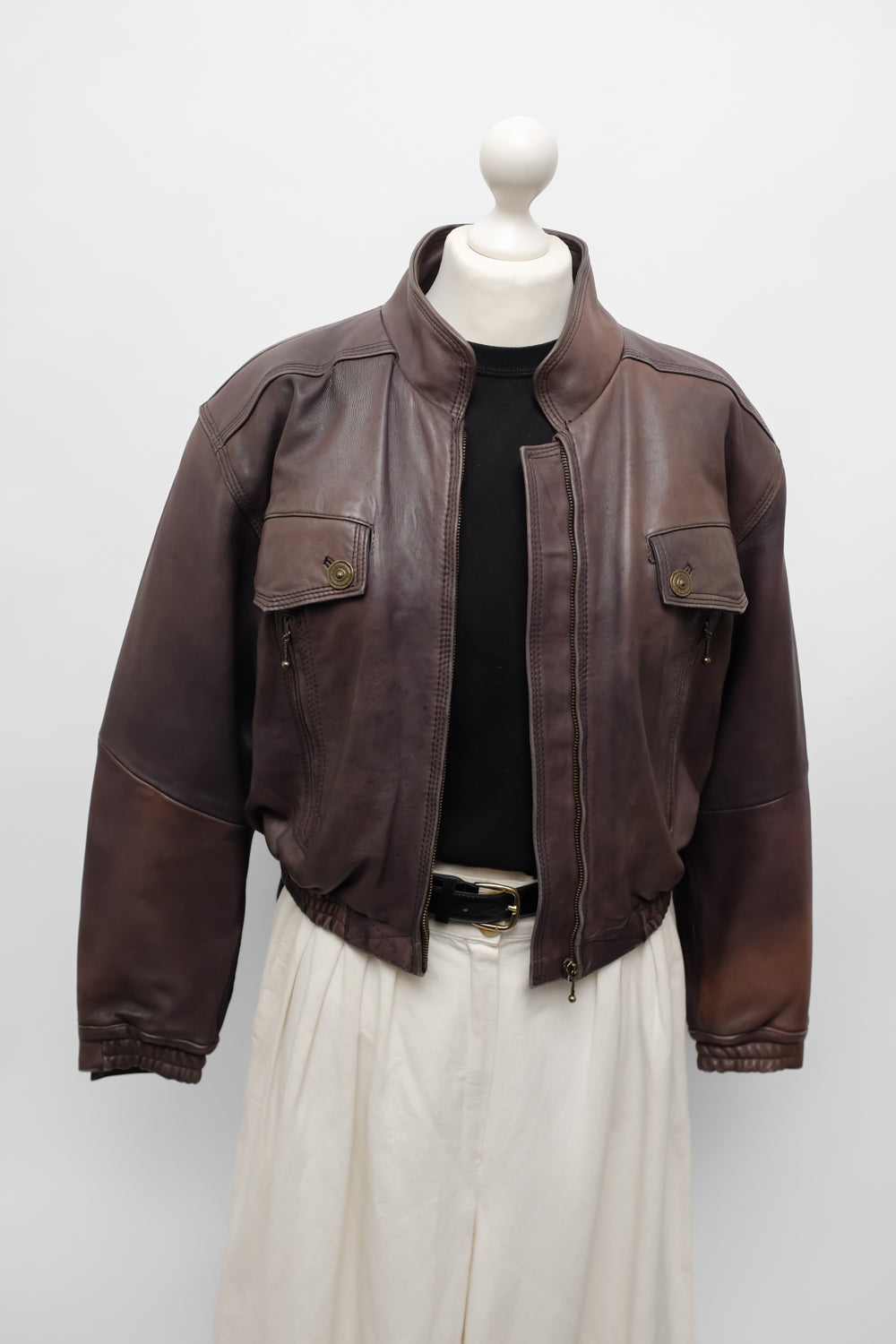 CROPPED BROWN LEATHER VINTAGE BOMBER