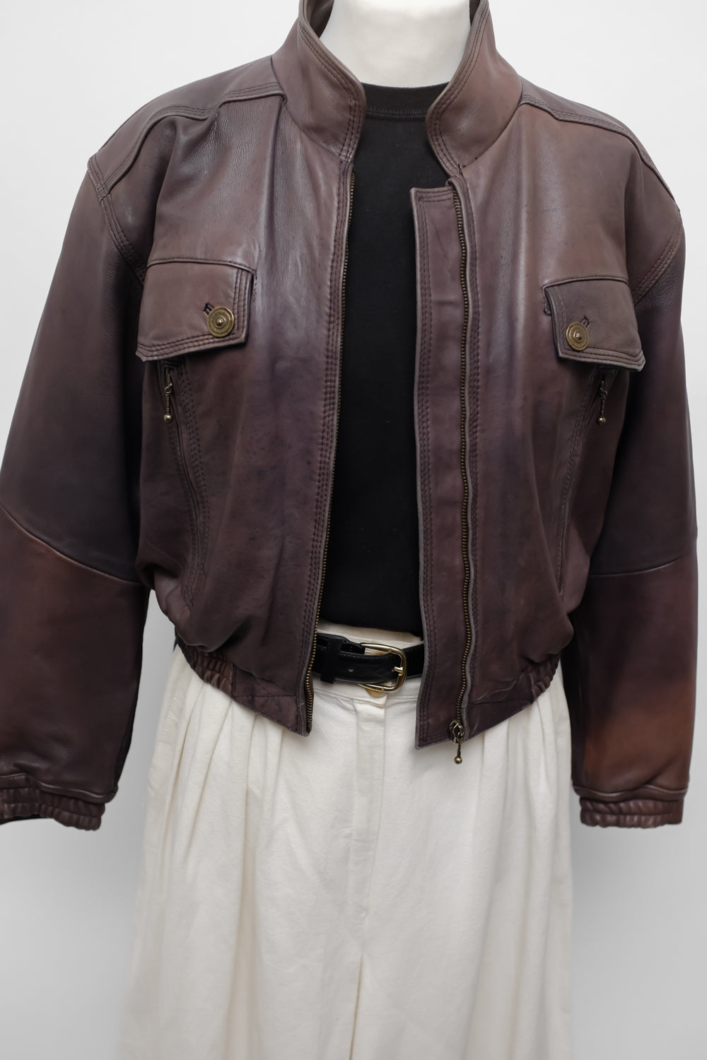 CROPPED BROWN LEATHER VINTAGE BOMBER