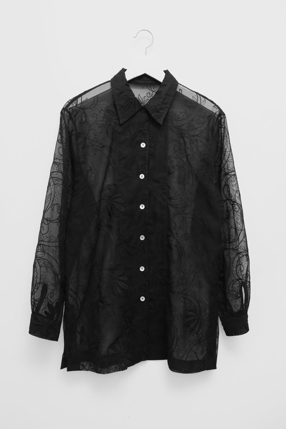 SEE THROUGH BLACK FLORAL EMBROIDERY SHIRT