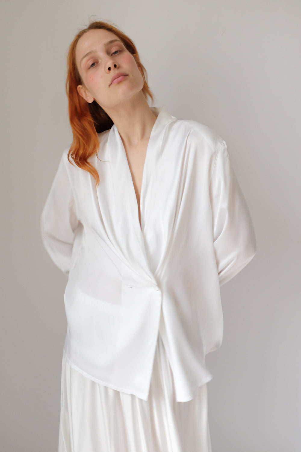 SATIN LIQUID WHITE WRAP BLOUSE