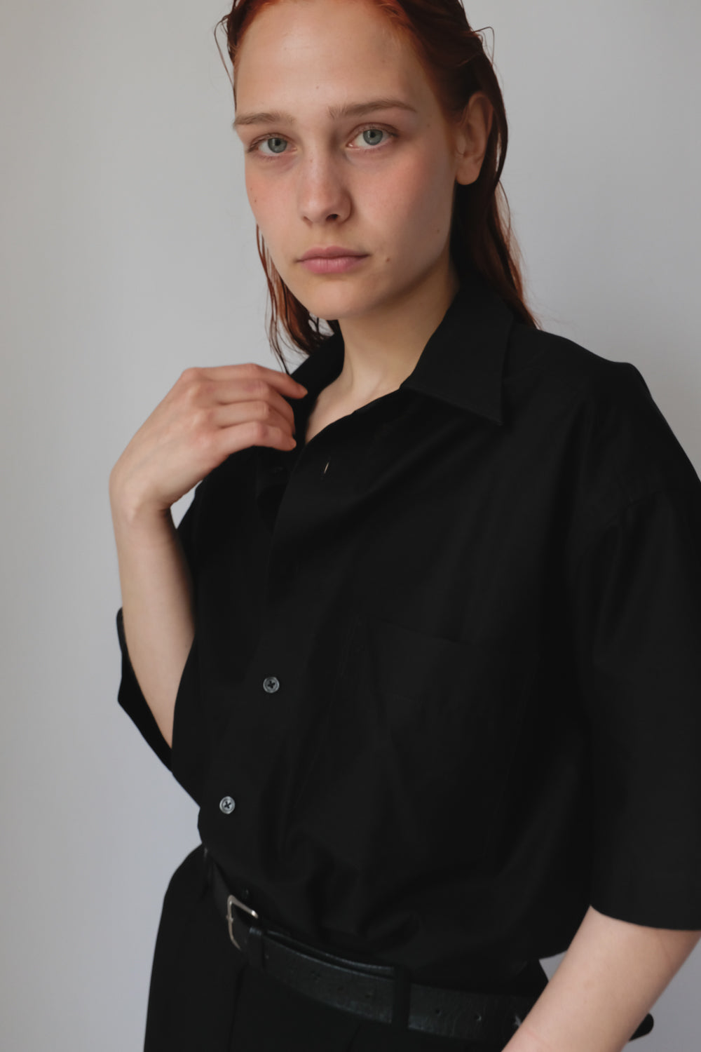 PURE COTTON SHORT ARM BLACK OVERSIZE SHIRT