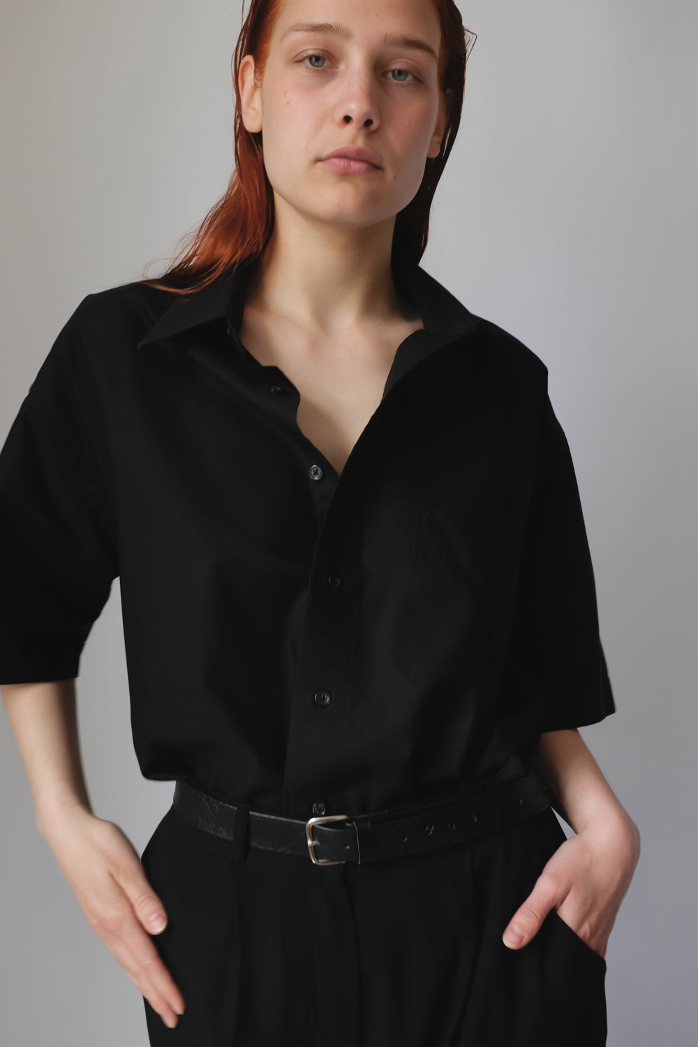 PURE COTTON SHORT ARM BLACK OVERSIZE SHIRT