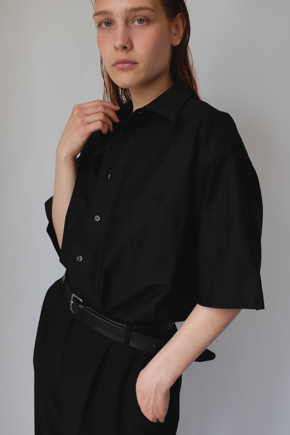 PURE COTTON SHORT ARM BLACK OVERSIZE SHIRT