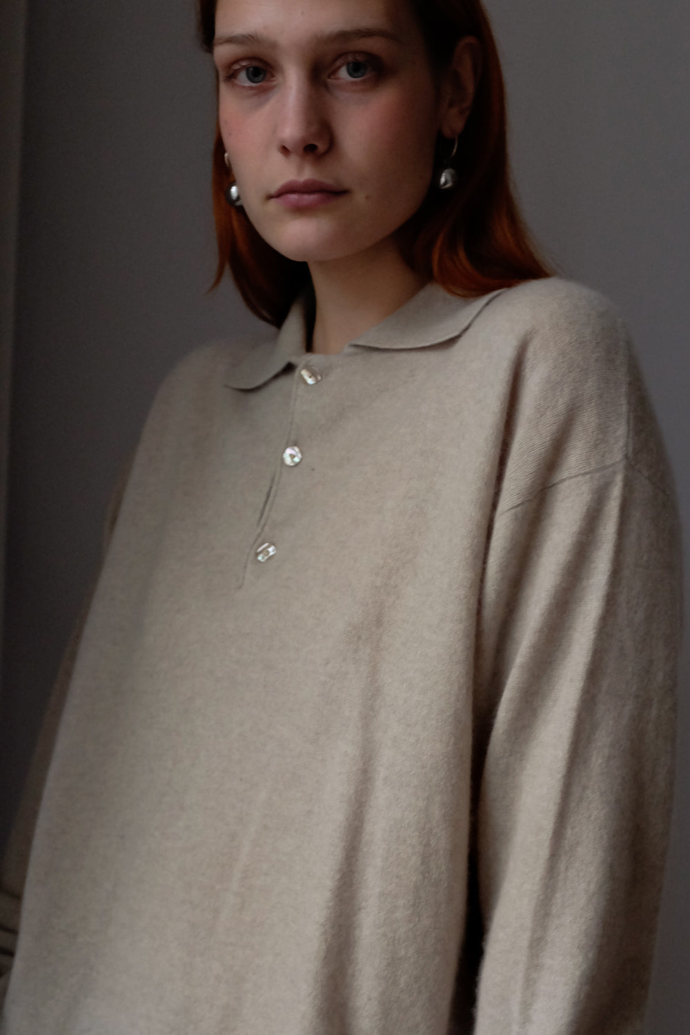 PURE CASHMERE ITALY BEIGE OVERSIZE POLO SWEATER