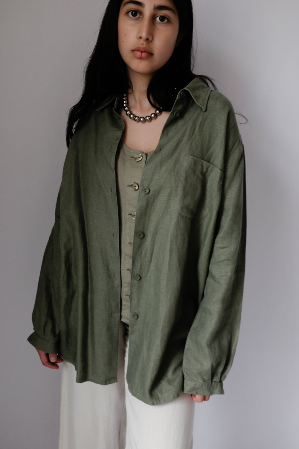 PURE LINEN OLIVE OVERSIZE SHIRT JACKET