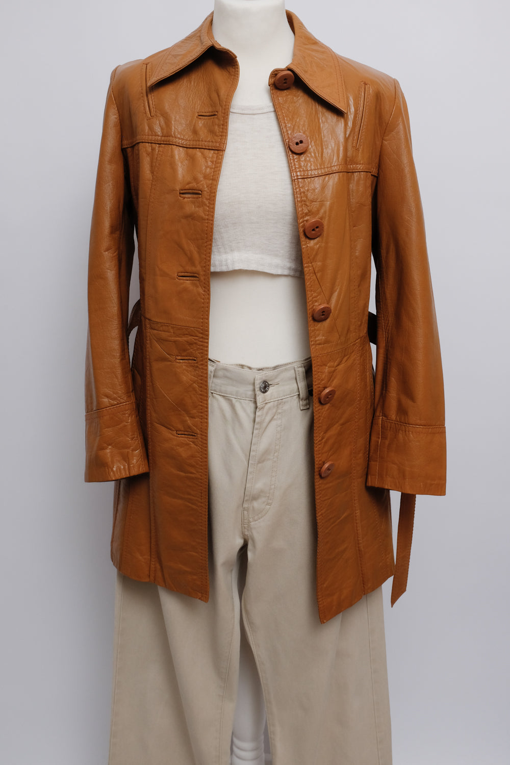 LEATHER CARAMEL BELTED 70's VINTAGE COAT