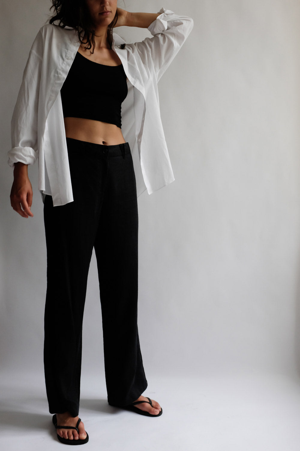 0056_VINTAGE LINEN WIDE LEG BLACK PANTS