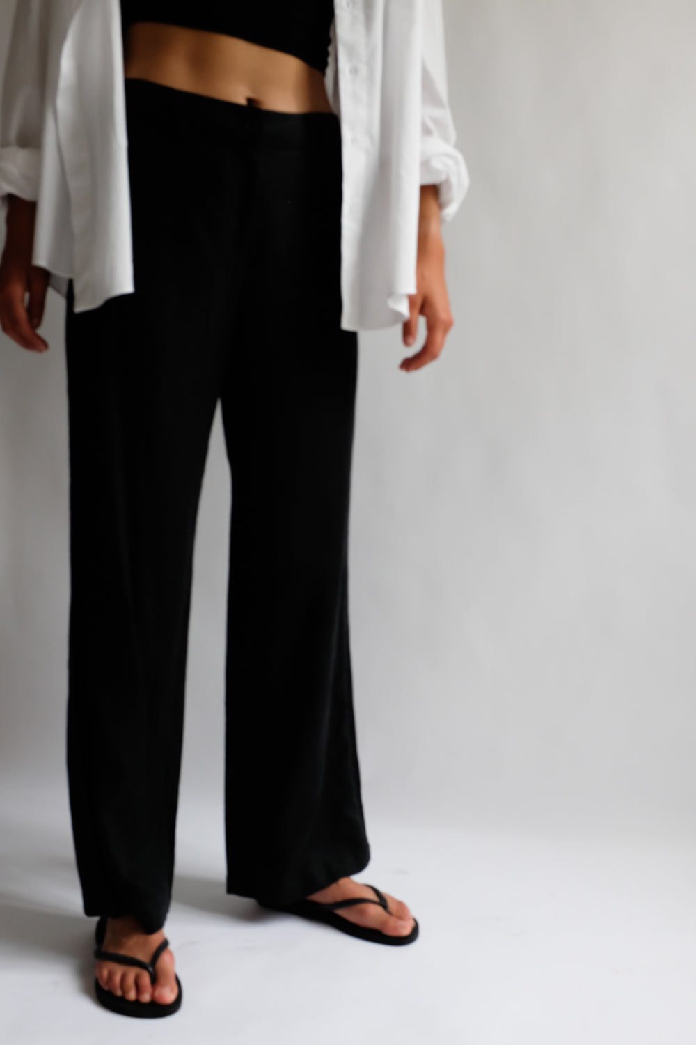 0056_VINTAGE LINEN WIDE LEG BLACK PANTS